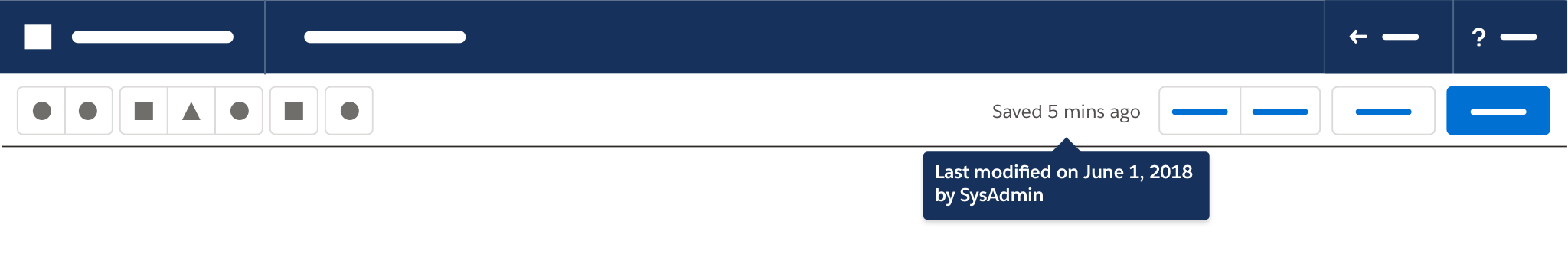 Builder Header stenciled with a small notification message (Saved 5 mins ago) and a popup with the message: Last modified on June 1, 2018 by SysAdmin.